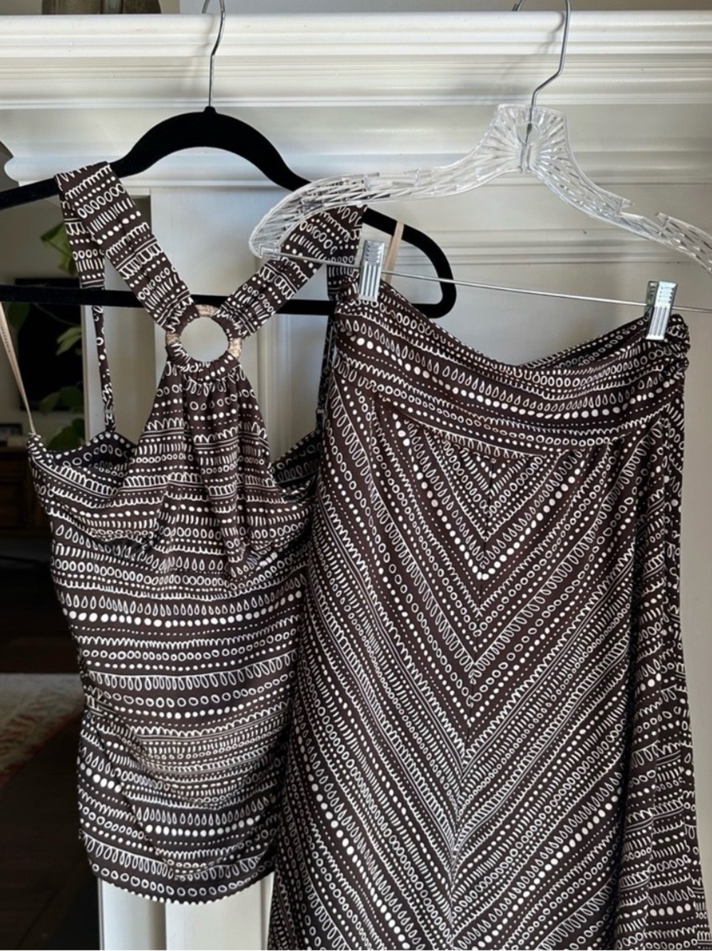 Brown and White Patterned Women's Skirt Set